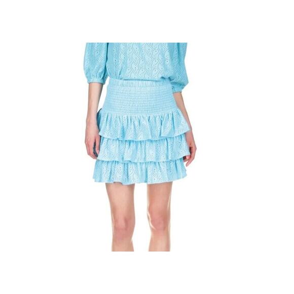 Michael Kors Tiered Ruffle Eyelet Skirt Smocked Waist Blue Medium NWT - Picture 2 of 13